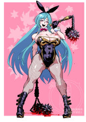 1girl absurdres ahoge alternate_costume armor bare_shoulders black_bow black_bowtie black_gloves black_leotard black_ribbon blood blood_on_clothes blood_on_face blood_splatter bloody_weapon blue_hair bow bowtie breasts cleavage commentary_request detached_collar elbow_gloves furcas_(megido72) gloves gold_trim hair_ribbon highres holding holding_mace holding_weapon large_breasts leotard long_hair looking_at_viewer mace megido72 pink_eyes playboy_bunny ribbon shinkuukan_(tetsuo3) smile solo spiked_mace spikes standing very_long_hair weapon