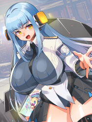 Rule 34 | 1girl, :d, armband, between breasts, black necktie, black thighhighs, blue armband, blue hair, blue leotard, blush, boots, breasts, character request, collar, epaulettes, gradient hair, hair ornament, highres, holding, holding tablet pc, hraesvelgr (last origin), huge breasts, impossible clothes, impossible leotard, indoors, last origin, lens flare, leotard, light particles, long hair, long sleeves, looking at viewer, mechanical ears, multicolored hair, necktie, necktie between breasts, open mouth, pink hair, reaching, reaching towards viewer, shiny skin, small sweatdrop, smile, solo, table, tablet pc, thigh boots, thighhighs, tile floor, tiles, two-tone hair, umigarasu (kitsune1963), very long hair, white collar, white sleeves, yellow eyes