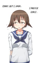 1girl averting_eyes blush brown_eyes brown_hair dress hattorin military_uniform miyafuji_yoshika open_mouth sailor_dress short_hair simple_background solo strike_witches white_background world_witches_series