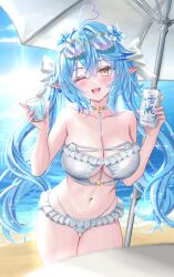 1girl ;d ahoge beach bikini blue_hair breasts can cleavage crossed_bangs cup double-parted_bangs erin_(sherryseraph) eyewear_on_head flower frilled_bikini frills gluteal_fold hair_between_eyes hair_flower hair_ornament heart heart_ahoge highleg highleg_bikini highres holding holding_can holding_cup hololive large_breasts long_hair looking_at_viewer multi-strapped_bikini_bottom multicolored_hair navel one_eye_closed open_mouth outdoors pointy_ears smile solo stomach strapless strapless_bikini streaked_hair sunglasses swimsuit teeth thigh_gap twintails upper_teeth_only very_long_hair virtual_youtuber white_bikini yellow_eyes yukihana_lamy