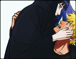 Rule 34 | 1boy, 1girl, akatsuki uniform, black border, blonde hair, blue eyes, blush, border, eye contact, from side, grey eyes, highres, hyuuga hinata, long hair, long sleeves, looking at another, naruto (series), naruto shippuuden, notane n, short hair, simple background, teeth, upper teeth only, uzumaki naruto, white background