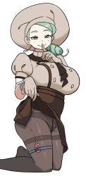 Rule 34 | 1girl, apron, apron lift, ascot, black pantyhose, breasts, brown apron, brown ascot, buttons, chef hat, clothes lift, discreet vibrator, egg vibrator, finger to mouth, gigobyte350, gloves, green eyes, green hair, half-closed eyes, hat, highres, index finger raised, katy (pokemon), large breasts, looking at viewer, low side ponytail, mole, mole on cheek, nintendo, panties, panties under pantyhose, pantyhose, pokemon, pokemon sv, puffy short sleeves, puffy sleeves, sex toy, short sleeves, shushing, thigh strap, underbust, underwear, vibrator, vibrator in thigh strap, waist apron
