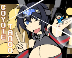 2girls ;) altronage artillery ballistic_mortar_cannons black_hair blue_eyes breasts cannon cleavage cleavage_cutout clothing_cutout coyote_tango female_focus headgear jaeger_(pacific_rim) large_breasts legendary_pictures mako_mori mecha_musume mini_person minigirl mortar_(weapon) multiple_girls one_eye_closed pacific_rim pan_pacific_defense_corps personification shoulder_cannon shoulder_gun smile solo_focus v wink