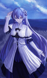1girl absurdres aged_down blue_sky breasts cantarella_(wuthering_waves) closed_mouth commentary_request dress earrings hair_between_eyes hand_up highres jewelry long_dress long_hair long_sleeves looking_at_viewer making-of_available medium_breasts outdoors purple_eyes purple_hair sky smile solo very_long_hair white_dress wuthering_waves yitai_zhi_meng