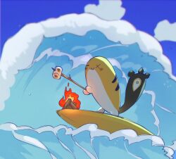 :3 =_= blue_sky blush_stickers campfire cloud commentary creature derivative_work english_commentary food grem_(gigi_murin) highres hololive hololive_english marshmallow mascot outdoors roasted_marshmallow sky surfboard surfing tail virtual_youtuber waving x_x yambot
