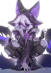 absurdres black_gloves boots collar extra_arms four_eyes gloves hat highres monster_girl original peanut_huasheng purple_nails ribbed_socks socks squatting tail