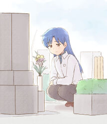 1girl black_pants blue_hair brown_eyes brown_shoes closed_mouth collared_shirt day flower full_body grave graveyard highres idolmaster idolmaster_(classic) idolmaster_1 kisaragi_chihaya long_hair long_sleeves looking_at_object outdoors pants shirt shoes solo squatting sweater sweater_under_shirt tsubobot turtleneck turtleneck_sweater white_shirt
