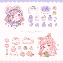 2girls :&lt; :3 animal_ears ari_(oonmnmooo) black_shoes blunt_bangs blush brown_hair cake cherry_blossoms chibi chibi_only commentary cookie cupcake dango dessert dress english_text flower food full_body hair_flower hair_ornament highres holding holding_tray japanese_clothes jar juliet_sleeves kimono leg_up long_sleeves macaron mochi mouse_ears multi-tied_hair multiple_girls open_mouth original pantyhose pink_eyes pink_hair pink_kimono puffy_sleeves purple_dress purple_eyes rabbit_ears sanshoku_dango shoes short_eyebrows sugar_cube sweets swiss_roll symbol-only_commentary tray violet_(flower) wagashi white_pantyhose wide_sleeves