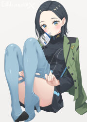 1girl ass black_dress black_hair blue_eyes blue_eyeshadow blue_thighhighs blush boots commentary_request comoli_harcourt convenient_leg dress drinking drinking_straw drinking_straw_in_mouth eyeshadow forehead green_jacket gundam gundam_gquuuuuux highres jacket juice_box kani_biimu long_sleeves looking_at_viewer makeup military_jacket military_uniform mole mole_under_eye mouth_hold multicolored_eyes parted_bangs short_hair sitting thigh_boots thighhighs turtleneck turtleneck_dress two-tone_eyes yellow_eyes