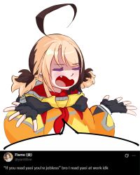 Rule 34 | 1girl, ahoge, black gloves, brown hair, closed eyes, commentary, english commentary, english text, fang, fingerless gloves, gigi murin, gigi murin (1st costume), gloves, highres, hololive, hololive english, huge ahoge, long sleeves, multicolored hair, open mouth, orange shrug, popintarts, screenshot inset, shrugging, simple background, solo, speech bubble, streaked hair, twintails, twitter, twitter username, upper body, virtual youtuber, white background
