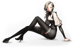 10s 1girl arm_support blade_&amp;_soul brown_hair curly_hair female_focus grey_eyes hichi high_heels kim_hyung_tae legs long_hair pointy_ears sitting solo