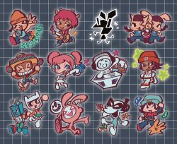 &gt;_&lt; 3boys 6+girls :d amigo aqua_hat arle_nadja arm_up beatmania_iidx bemani blue_eyes braid brown_hair bust_a_move carbuncle_(puyopuyo) character_counter_request character_request chibi chibi_only commentary copyright_request crossover dancing dark-skinned_male dark_skin dj etudef0rgh0sts flame_print gender_request genre_connection grid_background hat headset heat_(bust_a_move) highres holding holding_instrument holding_maracas holding_microphone instrument kinoko_boy lammy_(um_jammer_lammy) leg_up long_hair looking_at_viewer looking_to_the_side maracas microphone mimi_(pop&#039;n_music) multiple_boys multiple_girls music nyami_(pop&#039;n_music) open_mouth orange_hat parappa_the_rapper phonograph pink_hair playing_guitar playing_instrument pop&#039;n_music pop-kun puyo_(puyopuyo) puyopuyo samba_de_amigo short_hair short_twintails smile sombrero space_channel_5 symbol-only_commentary tran_(beatmania) turntable twin_braids twintails ulala um_jammer_lammy v vib-ribbon vibri_(vib-ribbon)