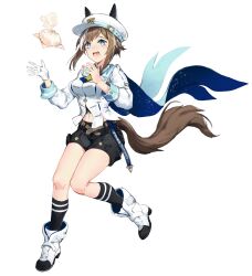 1girl absurdres animal_ears steamed_bun black_shorts black_socks blue_eyes brown_hair character_name cheval_grand_(umamusume) codename47 commentary_request food gloves hair_between_eyes hat hat_belt highres horse_ears horse_girl horse_tail jacket multicolored_hair navel peaked_cap shorts simple_background single_glove socks solo streaked_hair tail umamusume white_background white_footwear white_gloves white_hair white_hat white_jacket