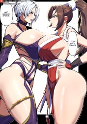 Rule 34 | 2girls, absurdres, breast press, breasts, brown eyes, brown hair, crossover, curvy, fatal fury, female focus, highres, huge breasts, isabella valentine, long hair, multiple girls, rope, shimenawa, shiranui mai, short hair, soul calibur, symmetrical docking, the king of fighters, thick thighs, thighs, trait connection, white hair, xhaart