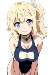 1girl ai-generated artist_request blonde_hair blue_eyes breasts character_request cleavage elf groin looking_at_viewer one-piece_swimsuit pointy_ears school_swimsuit simple_background smile solo source_request sukebe_elf_tanbouki swimsuit tagme white_background