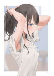Rule 34 | 1girl, absurdres, armpits, arms up, black hair, blue eyes, blush, breasts, collarbone, hair tie, hair tie in mouth, hairband, highres, idolmaster, idolmaster shiny colors, kazano hiori, long hair, mole, mole under mouth, mouth hold, ponytail, shirt, short sleeves, solo, sweat, sweatdrop, tying hair, umirororo, upper body, white shirt