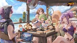 &gt;_&lt; 1boy 3girls absurdres alice_vu animal animal_ear_hood animal_ears beach bracelet braid breasts brown_hair cactus cleavage closed_eyes cloud computer crossed_legs cup earrings fake_animal_ears flower food fruit glasses green_hair hairband hedge highres holding holding_cup holding_staff hood inflatable_toy jewelry laptop large_breasts ling_(mahjong_soul) logo looking_at_viewer mahjong mahjong_soul mahjong_tile multiple_girls navel nikaidou_miki ocean official_art official_wallpaper open_mouth plant potted_plant purple_hair rainbow red_eyes red_panda sitting smile staff standing steam_(platform) tassel tassel_earrings terasaki_chihori watermelon white_flower white_hairband yuzu_(mahjong_soul)