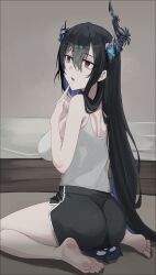 1girl absurdres ass asymmetrical_horns barefoot black_hair black_shorts blue_hair breasts canvas_sensei colored_inner_hair demon_horns dolphin_shorts feet from_behind hair_between_eyes highres hololive hololive_english horns index_finger_raised jailbird_(nerissa_ravencroft) large_breasts long_hair looking_to_the_side mole mole_under_eye multicolored_hair nerissa_ravencroft on_floor open_mouth purple_eyes short_shorts shorts sitting sitting_on_animal soles tank_top textless_version thighs toes two-tone_hair uneven_horns very_long_hair virtual_youtuber wariza white_tank_top