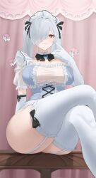 1girl alternate_costume black_bow black_bowtie bow bowtie cinderella_(nikke) creature doro_(nikke) dorothy_(nikke) elbow_gloves gloves goddess_of_victory:_nikke grey_hair hair_over_one_eye highres meme one_eye_covered red_eyes tada_(pixiv41160771) thighhighs twintails