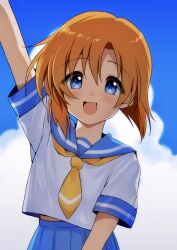 Rule 34 | 1girl, :d, blue eyes, blue sailor collar, blue skirt, blue sky, blurry, blurry background, cloud, commentary request, dot nose, hair between eyes, highres, higurashi no naku koro ni, looking at viewer, medium hair, neckerchief, open mouth, orange hair, outdoors, poyadevil, ryuuguu rena, sailor collar, sailor shirt, shirt, skirt, sky, smile, solo, standing, waving, white shirt, yellow neckerchief