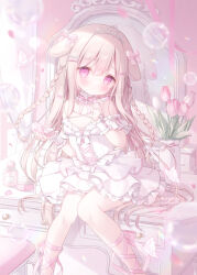 1girl animal_ears balletcore bare_shoulders beads between_fingers blonde_hair blush bottle bow bowtie braid breasts bubble bug butterfly closed_mouth collar collarbone commentary_request cosmetics criss-cross_halter detached_sleeves double-parted_bangs drawer dress ear_bow feet_out_of_frame fingernails flower frilled_collar frilled_sleeves frills gem hair_bow hair_ornament hair_over_shoulder hair_spread_out hairclip halterneck hand_up heart-shaped_gem highres holding holding_lipstick_tube holding_makeup_palette indoors insect knees_together_feet_apart leg_wrap lipstick_tube long_hair looking_at_viewer makeup_palette mirror multiple_hair_bows nail_polish omochi_monaka on_table original perfume_bottle pink_bow pink_bowtie pink_eyes pink_flower pink_gemstone pink_nails pink_petals pink_tulip rabbit_ears reflection short_dress sidelocks sitting sleeve_bow small_breasts solo spaghetti_strap sparkle stool table tiara tulip twin_braids twitter_username vase very_long_hair watermark white_collar white_dress white_flower white_tulip wrist_cuffs