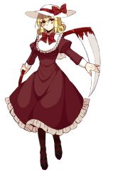 Rule 34 | 1girl, :/, blonde hair, bow, bowtie, breasts, brown pantyhose, dress, elly (touhou), frilled dress, frills, full body, gensokyo, hat, hat bow, highres, holding, holding scythe, juliet sleeves, long sleeves, medium breasts, medium hair, nnn5556, pantyhose, puffy sleeves, red bow, red bowtie, red dress, scythe, simple background, standing, sun hat, tachi-e, touhou, touhou (pc-98), white background, white hat, yellow eyes