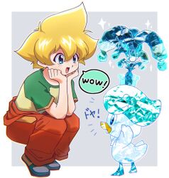 1boy bakuten_shoot_beyblade beyblade blonde_hair blue_eyes blush border commentary crossover crown crystal english_text from_side green_footwear green_shirt grey_background hands_on_own_cheeks hands_on_own_face hands_up looking_at_another male_focus mizuhara_max nintendo notice_lines open_mouth orange_pants outside_border pants pokemon pokemon_(creature) quaxly raglan_sleeves shirt shoes short_hair short_sleeves smile sneakers sound_effects sparkle speech_bubble squatting terastallization tkoknmy0321 white_border