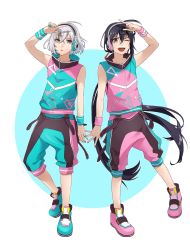 10s 2boys ;d ahoge aoi_yuta black_hair contemporary grey_eyes headphones highres honebami_toushirou komiya_harumoto long_hair male_focus multiple_boys nail_polish namazuo_toushirou one_eye_closed open_mouth ponytail sleeveless smile touken_ranbu very_long_hair white_hair wristband