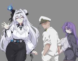 1boy 2girls :3 anger_vein angry arbiter_the_empress_iii_(azur_lane) arbiter_the_magician_i_(azur_lane) azur_lane black_jacket black_skirt blazer blue_fire breasts commander_(azur_lane) distracted_boyfriend_(meme) fire hair_between_eyes hair_bun half-closed_eyes hand_in_pocket hand_up highres hip_focus jacket jacket_on_shoulders jaggi_95 jewelry large_breasts long_hair long_skirt looking_at_viewer meme miniskirt multiple_girls open_clothes open_jacket pants pink_eyes purple_eyes purple_hair ring shaded_face shirt sideboob single_hair_bun siren_(azur_lane) skirt smug unbuttoned unbuttoned_shirt undersized_clothes very_long_hair waving white_hair white_jacket white_pants white_shirt
