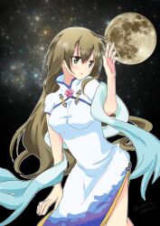 Rule 34 | 1girl, akanegasaki sora, china dress, chinese clothes, dress, ever 17, flower, full moon, green eyes, green hair, highres, long hair, moon, open mouth, pelvic curtain, rose, shawl, side slit, solo, usetsusakon2, very long hair