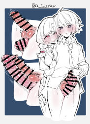 Rule 34 | 1boy, 1futa, blush, bottomless, breasts, collared shirt, erection, futa with male, futanari, highres, huge penis, long hair, looking at another, medium penis, mirin chikuwa, open mouth, original, penis, penis and testicles touching, penis size difference, penises touching, precum, red eyes, shirt, small breasts, smile, testicles, thigh sex