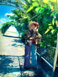 2boys absurdres backpack bag blonde_hair blue_oak brown_hair cloud collared_shirt commentary_request day fanny_pack hand_on_another&#039;s_arm hat highres kiss male_focus multiple_boys nintendo outdoors pants pokemon pokemon_frlg red_(pokemon) red_hat red_vest shadow shirt shiruko_(s1ruko) shoes short_hair short_sleeves sky standing t-shirt vest vs_seeker wristband yaoi yellow_bag