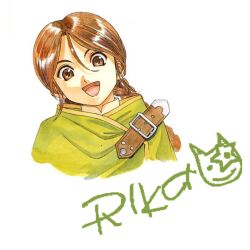 1girl animal_ears belt belt_buckle braid brown_belt brown_eyes brown_hair buckle child collar cropped_torso drawing_(object) english_text green_poncho hair_between_eyes head_tilt highres long_hair low-tied_long_hair mandarin_collar matsubara_hidenori noko_(sakura_taisen) nose official_art open_mouth parted_bangs rikaritta_aries sakura_taisen sakura_taisen_v sidelocks simple_background smile star_(symbol) third-party_source traditional_media twin_braids weasel weasel_ears white_background white_collar