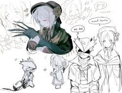 1boy 1girl akechisu1 bloodborne bonnet brown_bonnet chibi cloak fingerless_gloves gloves greyscale hat highres holding hunter_(bloodborne) mask monochrome mouth_mask neck_ribbon plain_doll ribbon tall_female white_hair