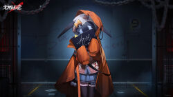 1girl against_wall bandaid black_thighhighs blue_bow blue_skirt bow cardigan chain character_name coat copyright_name covered_face cowboy_shot hands_up helmet highres holding holding_sign hood hood_up hooded_coat indoors logo long_sleeves lynn_(path_to_nowhere) miniskirt mugshot official_art official_wallpaper open_clothes open_coat orange_coat path_to_nowhere pink_bow pink_cardigan pleated_skirt prison_cell prison_clothes sign skirt sleeves_past_fingers sleeves_past_wrists solo space_helmet thigh_bow thighhighs white_helmet yellow_bow zettai_ryouiki |_|