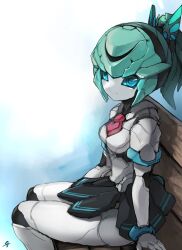 Rule 34 | 1girl, black skirt, blue eyes, colored skin, green hair, highres, humanoid robot, original, ponytail, robot, robot girl, shirt, short hair, skirt, suzuta comiya, white shirt, white skin