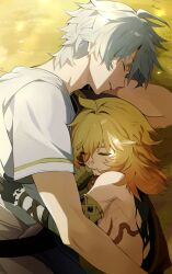 2boys aged_down antenna_hair black_gloves black_shirt blonde_hair chest_tattoo closed_eyes com777790 cuddling gloves gradient_hair hair_between_eyes hashtag-only_commentary highres honkai:_star_rail honkai_(series) lying male_focus medium_hair multicolored_hair multiple_boys mydei_(honkai:_star_rail) on_grass on_side phainon_(honkai:_star_rail) red_hair red_tattoo shirt short_hair sleeping sleeveless sleeveless_shirt sunlight tattoo torn_clothes torn_shirt white_hair white_shirt