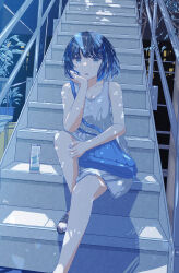 1girl absurdres bag bare_shoulders black_hair black_sandals blue_bag blue_eyes blue_nails breasts can cleavage commentary_request drink_can elbow_on_knee elbow_rest foot_out_of_frame fushimi_asuha hand_on_own_cheek hand_on_own_face head_rest highres knee_up large_breasts looking_at_viewer nail_polish night open_mouth original outdoors plant railing sandals scenery short_hair shoulder_bag sitting sitting_on_stairs skirt solo stairs tank_top white_skirt white_tank_top