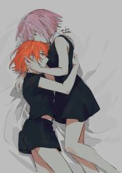 2girls bare_shoulders black_dress black_shirt black_shorts commentary_request dress fate/grand_order fate_(series) from_side fujimaru_ritsuka_(female) highres hug lying mash_kyrielight multiple_girls on_bed orange_eyes orange_hair pink_eyes pink_hair profile shirt short_hair short_sleeves shorts signature sleeveless sleeveless_dress yuri yuta_kbut