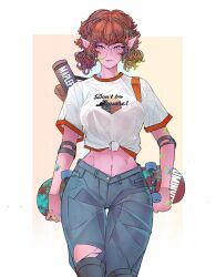 1girl bandaid bandaid_on_arm bandaid_on_finger bandaid_on_hand bandaid_on_neck blue_eyes blue_pants border breasts colored_skin commentary cowboy_shot elbow_rest elliemaplefox english_text glasses gluteal_fold highres holding holding_skateboard large_breasts looking_at_viewer midriff navel orange_bag orange_hair original pants parted_lips pink_skin pointy_ears print_shirt round_eyewear shirt short_hair short_sleeves skateboard smile solo standing t-shirt thigh_gap tied_shirt toned toned_female torn_clothes torn_pants white_border white_shirt yellow_background