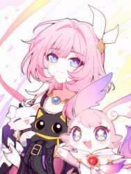 2girls ahoge animal animalization blue_eyes cat chinese_commentary coat commentary_request cyrene_(honkai:_star_rail) dog ganleneng hair_ornament highres holding holding_animal honkai:_star_rail honkai_(series) jewelry looking_at_viewer medium_hair mem_(honkai:_star_rail) multicolored_hair multiple_girls necklace phainon_(honkai:_star_rail) pink_fur pink_hair purple_coat smile star-shaped_pupils star_(symbol) symbol-shaped_pupils two-tone_hair white_hair