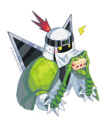Rule 34 | cape, chinese commentary, commentary request, confeito000 333, digimon, digimon (creature), eating, fishnets, food, fruit sandwich, green cape, highres, holding, holding food, holding sandwich, ninja, sandwich, shirt, shuriken, shurimon, simple background, solo, twitter username, upper body, weapon, white background, white shirt