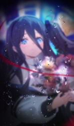 1girl absurdres aris_(blue_archive) black_hair blue_archive blue_eyes blue_necktie blurry_vision bright_pupils closed_mouth collared_shirt commentary english_commentary flower hair_between_eyes hayate_(1034853996) highres holding holding_flower jacket long_hair long_hair_between_eyes long_sleeves looking_at_viewer necktie one_side_up open_clothes open_jacket shirt solo upper_body very_long_hair water_drop white_jacket white_pupils white_shirt