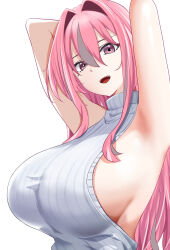 1girl alternate_costume armpits arms_behind_head arms_up azur_lane breasts bremerton_(azur_lane) commentary_request from_below grey_hair hair_intakes highres large_breasts long_hair looking_at_viewer mole mole_under_eye multicolored_hair open_mouth pink_eyes pink_hair ribbed_shirt shirt sideboob sidelocks sleeveless sleeveless_shirt solo streaked_hair turtleneck turtleneck_shirt white_background yuuki_atori