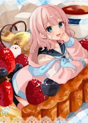 1girl :d anniversary black_sailor_collar black_skirt black_socks blue_neckerchief blueberry border commentary_request cup food fruit hand_up highres in_food jacket lace lace_border long_sleeves looking_at_viewer mini_person minigirl neckerchief off_shoulder open_clothes open_jacket open_mouth original ornate_border pink_jacket pleated_skirt puffy_long_sleeves puffy_sleeves raspberry rino_cnc sailor_collar school_uniform serafuku shirt skirt sleeves_past_wrists smile socks solo strawberry sugar_cube tart_(food) teacup white_shirt