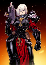 .75_calibre_bolt 1girl adepta_sororitas ammunition anti-materiel_cartridge armor bolt_(warhammer_40k) bolt_pistol bolter chain commentary embers english_commentary fleur-de-lis frown gun high-explosive_cartridge highres holding holding_gun holding_weapon looking_to_the_side pauldrons pouch power_armor rocket-assisted_projectile rosary ryuusei_(mark_ii) scar scar_across_eye scar_on_face shoulder_armor signature skull solo warhammer_40k weapon white_hair window_magazine