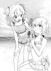 2girls ahoge alternate_costume asymmetrical_bangs ayano_rika bare_arms bare_legs bare_shoulders barefoot beach bikini bikini_skirt blunt_bangs bow buttons can cloud coca-cola collarbone commentary_request day dot_nose double_bun drink_can eyes_visible_through_hair feet_out_of_frame flower frilled_bikini frilled_one-piece_swimsuit frills greyscale hair_between_eyes hair_bow hair_bun hair_flower hair_ornament hair_over_one_eye hair_over_shoulder hair_scrunchie hand_on_own_knee happy highres holding holding_can isuzu_ren kneeling knees light_blush light_particles light_rays long_hair looking_at_another loose_hair_strand low_twintails magia_record:_mahou_shoujo_madoka_magica_gaiden mahou_shoujo_madoka_magica miniskirt monochrome multiple_girls navel ocean one-piece_swimsuit open_mouth outdoors parted_lips pleated_skirt ribbon scrunchie short_hair short_twintails skirt sky smile soda_can spaghetti_strap stomach sunlight surprised swimsuit tareme twintails ultimate_magnum waist_bow waist_ribbon wide-eyed