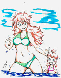2girls bikini breasts brown_hair cleavage green_bikini mother_and_daughter multiple_girls open_mouth swimsuit water