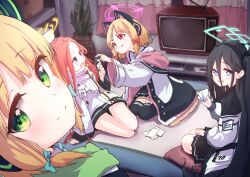 4girls :p aqua_eyes aqua_halo aqua_necktie aris_(blue_archive) black_hair black_hairband black_skirt black_thighhighs blonde_hair blue_archive blush card closed_mouth commentary_request flustered frilled_jacket frilled_skirt frills furrowed_brow game_development_department_(blue_archive) green_eyes green_jacket hairband halo highres holding holding_card id_card indoors jacket long_hair long_sleeves looking_at_another looking_at_viewer medium_hair meluwow midori_(blue_archive) millennium_science_school_logo momoi_(blue_archive) multiple_girls necktie off_shoulder open_clothes open_jacket open_mouth orange_hair parted_bangs pink_halo pink_jacket plant playing_card pleated_skirt power_symbol puffy_long_sleeves puffy_sleeves purple_eyes rectangular_halo red_eyes school_uniform seiza shirt siblings sisters sitting skirt smile split_mouth suspender_skirt suspenders television thighhighs tongue tongue_out turning_head twins v-shaped_eyebrows very_long_hair wavy_eyebrows wavy_mouth white_jacket white_shirt wide_sleeves yellow_halo yuzu_(blue_archive) zettai_ryouiki