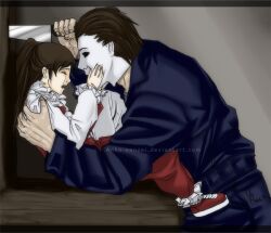 1boy 1girl 2013 age_difference brown_hair crying halloween_(movie) height_difference jamie_lloyd loli mashuradi michael_myers red_shoes shoes size_difference uncle_and_niece white_mask
